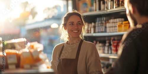 Retail interaction, business owner assisting customer, softly blurred store ambience, bright sunlight enhancing the atmosphere