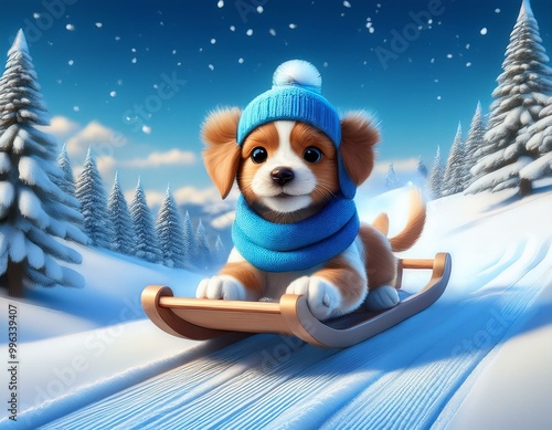 Cute Cartoon Puppy Dog Sled...