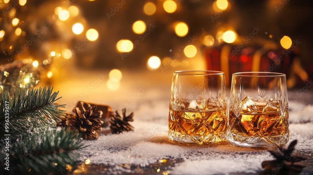 Festive Warmth Two Whiskey Glasses Cozy Holiday Vibes Pinecones Lights. Festive Warmth Two Whiskey Glasses Cozy Holiday Vibes Pinecones Lights.