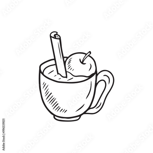 Beautiful cup with tea with cinnamon stick and apple in black isolated on white. Hand drawn vector sketch illustration in doodle engraved vintage line art style. Winter drink, cafe, Christmas