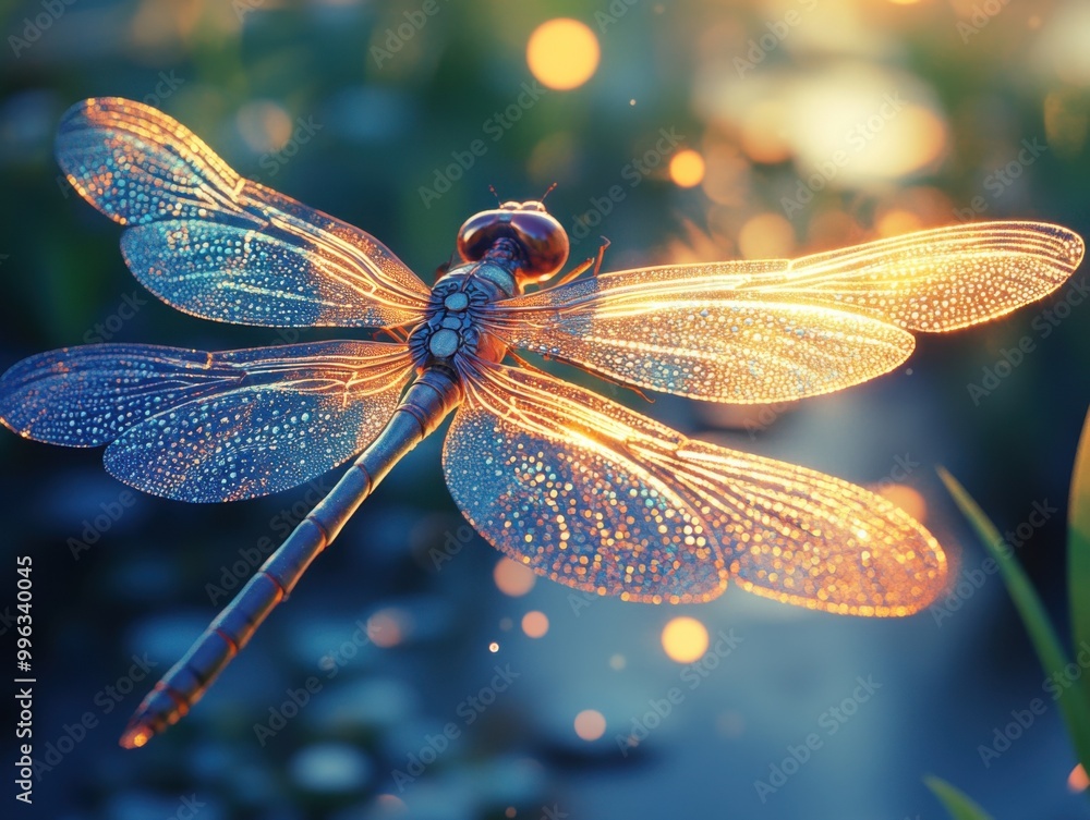 A vibrant dragonfly flying in sunlight with a shimmering glow, captured in a natural setting.
