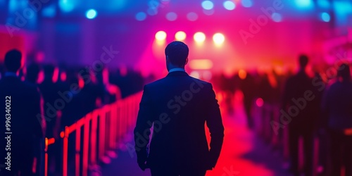 VIP escort by security guard, illuminated event atmosphere, enthusiastic crowd in the background, showcasing heightened significance of the occasion photo