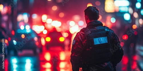 Security guard collaboration with police, urban street backdrop, bright lighting highlighting urgency and vigilance in public safety.