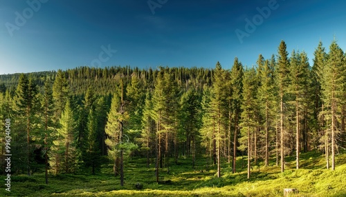 Majestic Evergreen Forest Illuminated by Morning Sunlight with Clear Blue Sky in Serene Mountain Landscape, Capturing the Beauty and Tranquility of Nature's Greenery