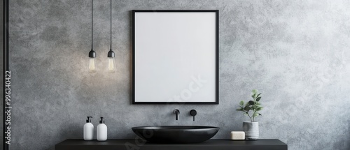 Modern bathroom elegance, sleek black basin, minimalist lighting, subtle gray textured walls, simple greenery accent.