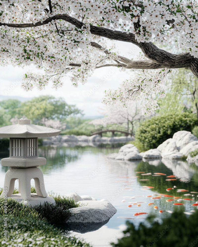 Serene Japanese Garden with Koi Pond and Cherry Blossoms Serene Japanese Garden with Koi Pond and Cherry Blossoms