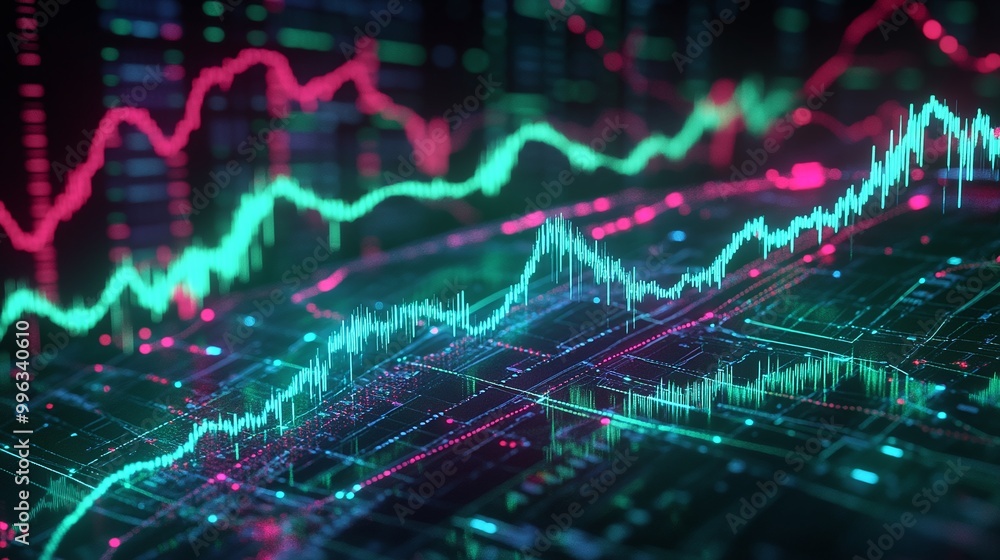 Abstract digital data visualizations with vibrant graphs and charts illustrating market trends and fluctuations. Abstract digital data visualizations with vibrant graphs and charts illustrating market trends and fluctuations.