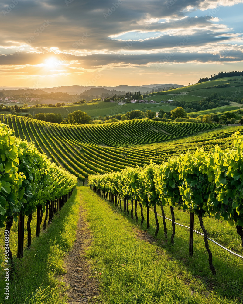 Fototapeta premium Romantic Sunset Over Vineyard Rows