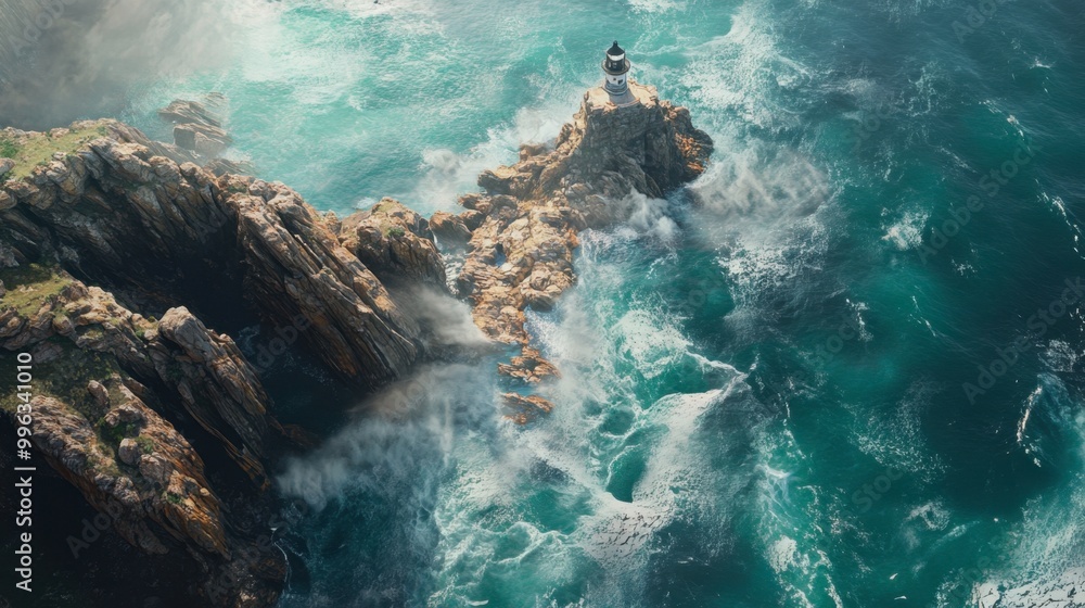 An aerial view of a dramatic coastline with rugged cliffs, crashing waves, and a lighthouse on the edge. An aerial view of a dramatic coastline with rugged cliffs, crashing waves, and a lighthouse on the edge.