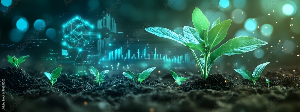Fototapeta premium AI-generated plant sprouting from the ground, with futuristic technology symbols and data visualization in the background