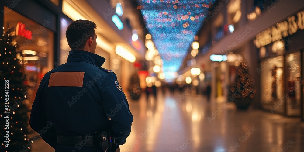 Mall Security Guard at Entrance, overseeing shoppers in a vibrant atmosphere, bright lights illuminating a bustling retail environment Mall Security Guard at Entrance, overseeing shoppers in a vibrant atmosphere, bright lights illuminating a bustling retail environment