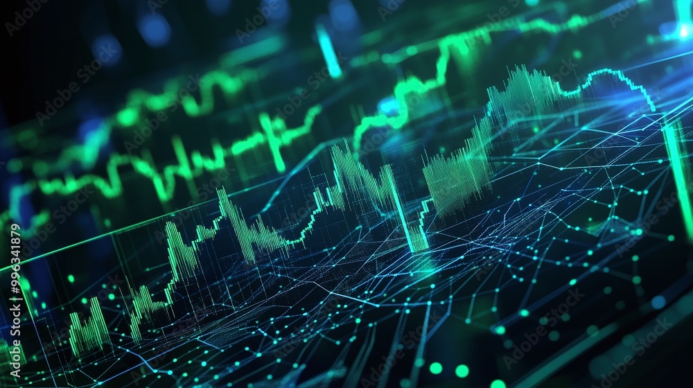Abstract digital financial chart with colorful data visualization and line graphs. Abstract digital financial chart with colorful data visualization and line graphs.