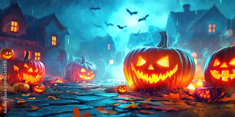 A collection of carved pumpkins glowing brightly in a spooky Halloween setting. A collection of carved pumpkins glowing brightly in a spooky Halloween setting.