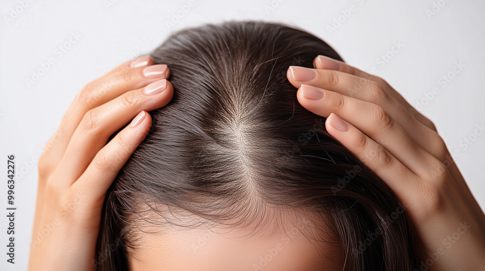 Naklejka premium Concerned woman runs her fingers through her hair, revealing signs of hair thinning and scalp issues, indicating potential health issues such as alopecia