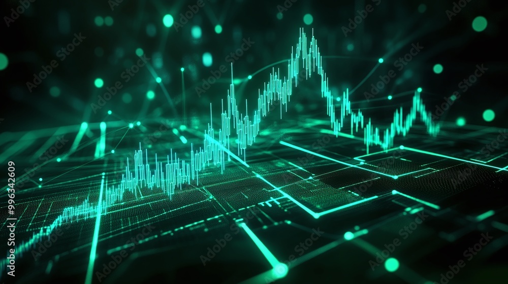 Abstract digital financial chart with glowing green lines and data points on a dark background. Abstract digital financial chart with glowing green lines and data points on a dark background.