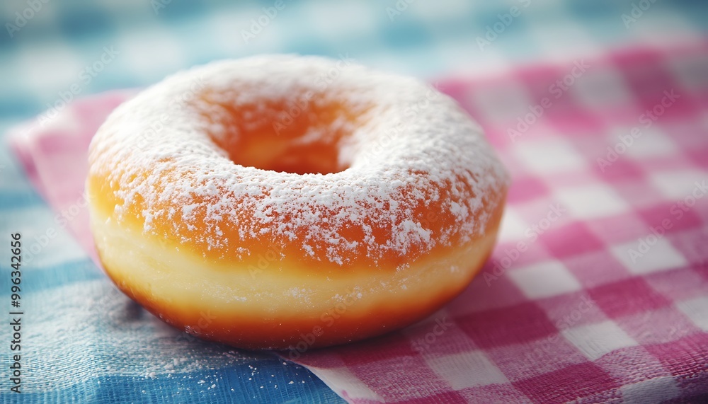 Sweet Doughnut with Powdered Sugar on a Checkered Napkin Sweet Doughnut with Powdered Sugar on a Checkered Napkin