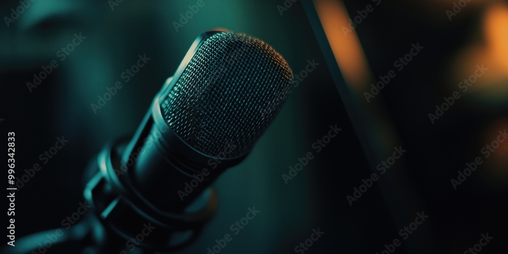 A close-up view of a microphone with a textured mesh head, set against a blurred background. A close-up view of a microphone with a textured mesh head, set against a blurred background.
