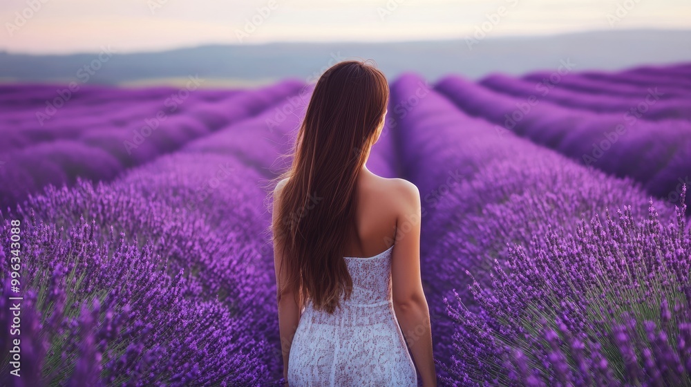 A beautiful woman stands in a blooming lavender field, captured from behind as she takes in the purple landscape. A beautiful woman stands in a blooming lavender field, captured from behind as she takes in the purple landscape.