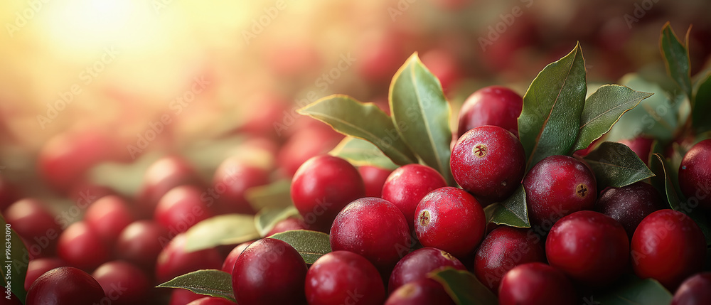 Obraz premium Cranberries and green leaves on beige background.