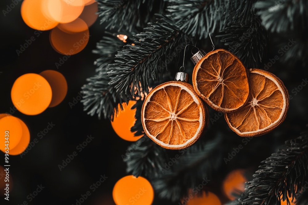 This photo shows a dried orange decoration on a Christmas tree. A zero waste Christmas tree is decorated with natural materials - slices of dried oranges. This photo shows a dried orange decoration on a Christmas tree. A zero waste Christmas tree is decorated with natural materials - slices of dried oranges.