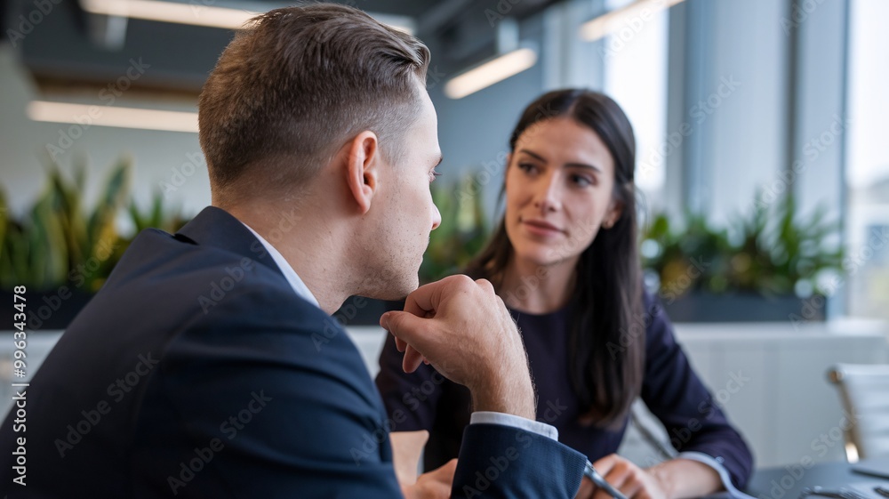 Two professionals engaged in a focused conversation in a modern office setting. The image captures the intensity of the exchange and the collaborative spirit. Two professionals engaged in a focused conversation in a modern office setting. The image captures the intensity of the exchange and the collaborative spirit.
