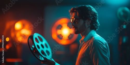 Film Producer with Reel, side profile showcasing a film producer in a studio, softly blurred background, bright overhead lighting