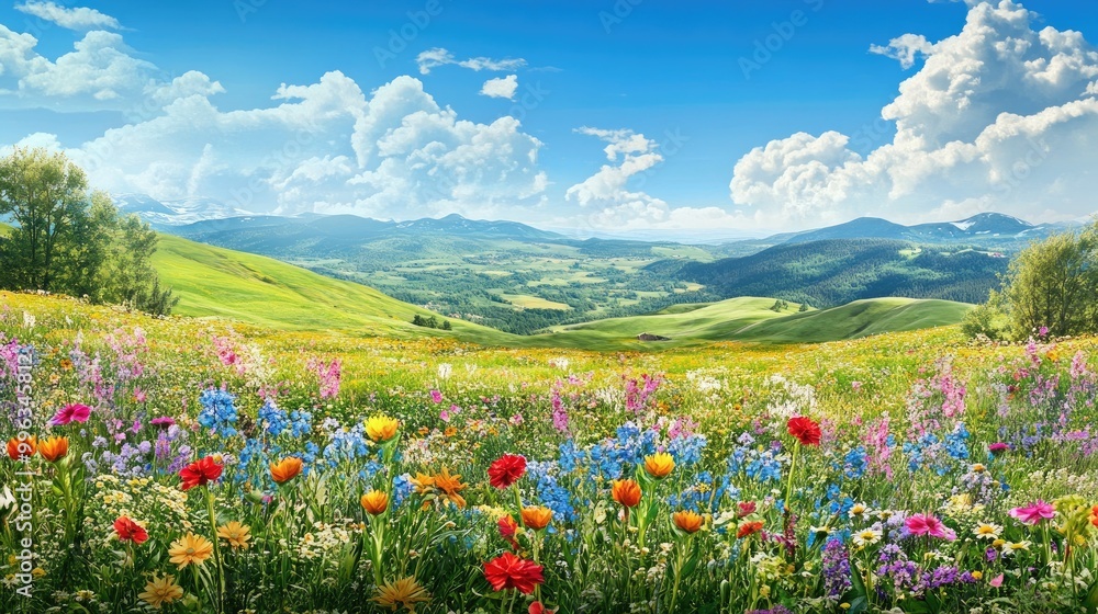 Obraz premium Beautiful and colorful landscape of wild nature, featuring vibrant flowers, lush greenery, and rolling hills under a bright blue sky