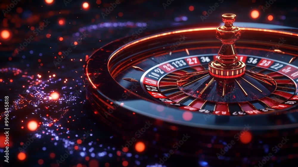 Elegant Roulette Wheel with Red and Black Numbers in a Dark Casino Setting Elegant Roulette Wheel with Red and Black Numbers in a Dark Casino Setting