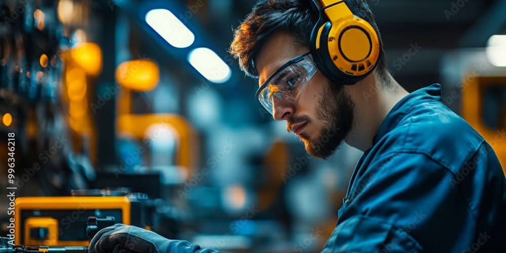 Technician at Work, focused technician using a power tool, blurred equipment in background, bright overhead lighting enhances scene Technician at Work, focused technician using a power tool, blurred equipment in background, bright overhead lighting enhances scene