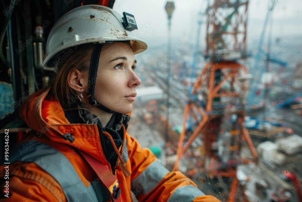crane operator in the cabin of a tower crane. crane operator in the cabin of a tower crane.