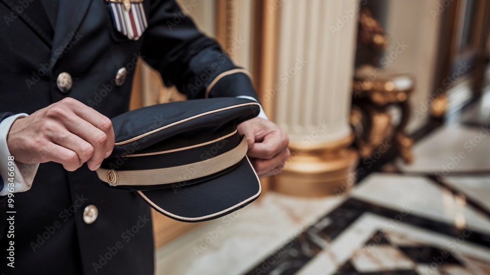 Fototapeta premium Formal Navy Officer Adjusting Cap. Close-up of a man in a navy uniform meticulously adjusting a formal cap.