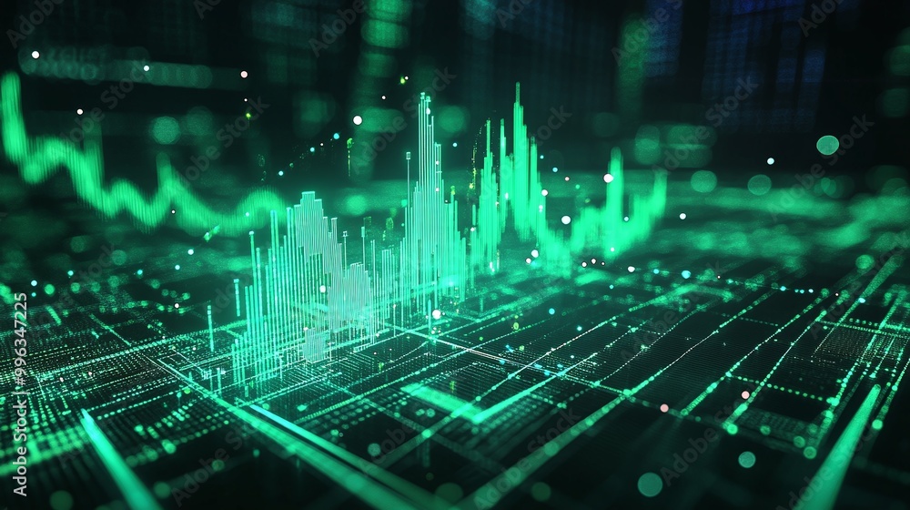 Abstract digital financial data visualization with green graphs on a dark background. Abstract digital financial data visualization with green graphs on a dark background.