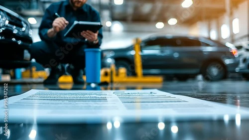 Wallpaper Mural The fine print of an insurance policy is highlighted in the foreground, with the image of a mechanic working on a car in the background, illustrating the connection between coverage and repair Torontodigital.ca