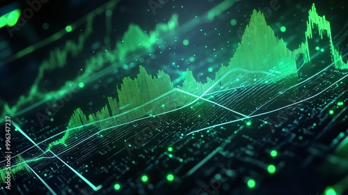 Abstract digital financial data visualization with green indicators on a dark background.