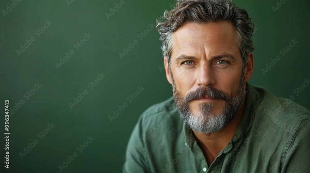 A man with a beard and gray hair is wearing a green shirt and looking at the camera. He is confident and self-assured A man with a beard and gray hair is wearing a green shirt and looking at the camera. He is confident and self-assured