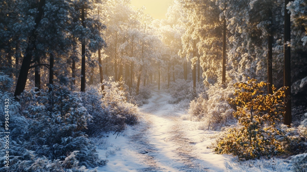 Snowy Forest with a Path Through Frost-Covered Trees on a Winter Day Snowy Forest with a Path Through Frost-Covered Trees on a Winter Day