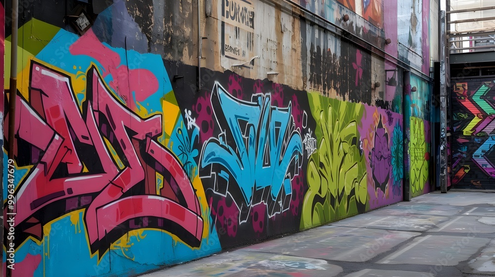 Urban Symphony. Expressive Graffiti Explosion on a Gritty City Alleyway Canvas of Colors and Street Art Culture. Urban Symphony. Expressive Graffiti Explosion on a Gritty City Alleyway Canvas of Colors and Street Art Culture.
