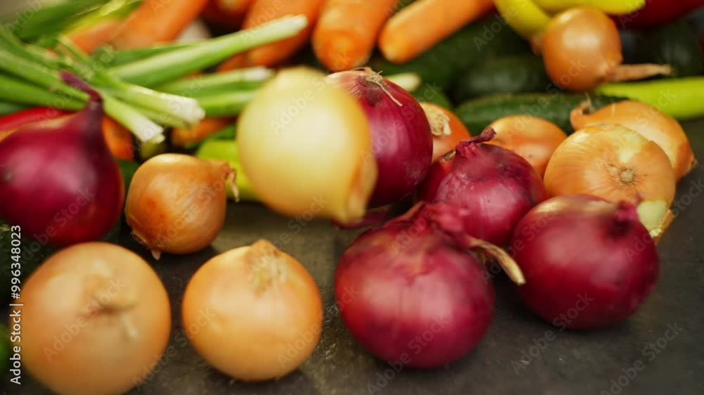 Onions of different varieties fall on the table and bounce in different directions. High quality FullHD footage Onions of different varieties fall on the table and bounce in different directions. High quality FullHD footage