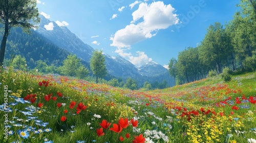 A stunning landscape of wild nature, featuring colorful flowers, green forests, and a clear blue sky in a vibrant, serene setting