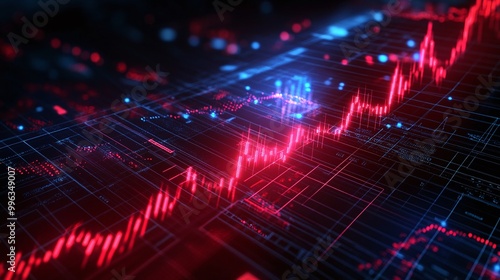 Abstract digital financial graph with glowing lines and data points in blue and red colors, representing market trends.