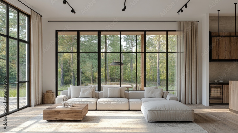 Modern living room with large windows. This image is ideal for interior design websites or magazines. Modern living room with large windows. This image is ideal for interior design websites or magazines.