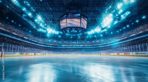 An empty ice hockey rink in a packed stadium with bright lights and a giant screen, capturing the calm before the action and the anticipation of a major game.