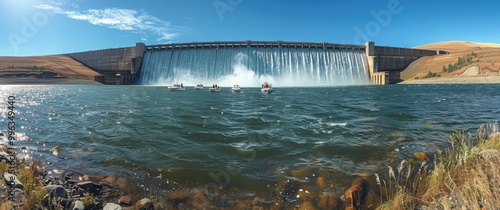 Hydroelectric power generation at  dam on a clear day photo