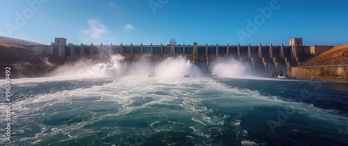 Wide angle view of the hydro-electric plant with water flowing from the dam photo