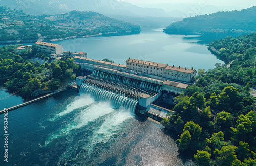 Aerial view of a hydropower station showcasing dam structures controlling water flow and generating electricity photo