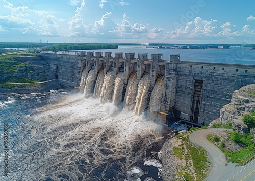 Aerial view of the dam releasing water photo