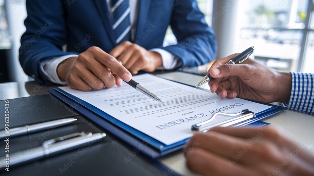 Two professionals engage in a focused discussion while reviewing and signing important documents. Two professionals engage in a focused discussion while reviewing and signing important documents.