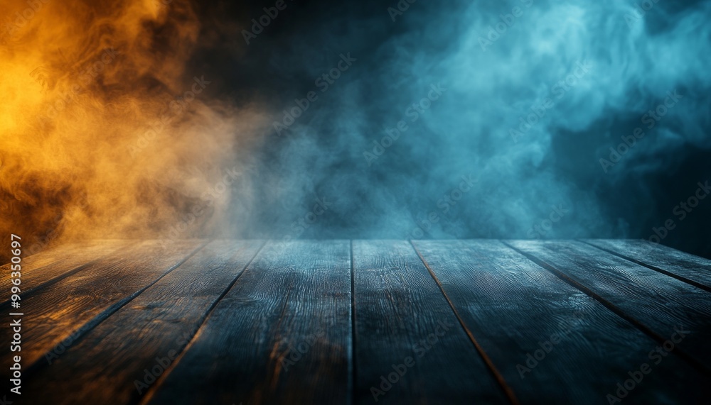 Wooden Table with Smoke and Mist in a Dark and Spooky Setting Wooden Table with Smoke and Mist in a Dark and Spooky Setting