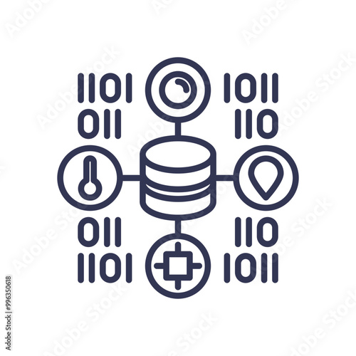 Illustration of interconnected sensors including temperature, location, and health, symbolizing data collection and IoT.