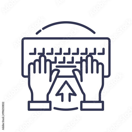 Hands typing on a keyboard with an upward arrow, symbolizing data input and submission.